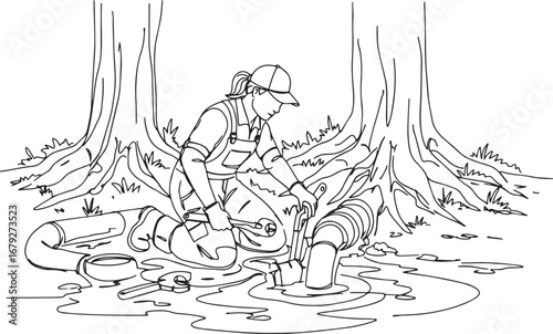 Monochrome illustration of a plumber woman repairing a pipe outd