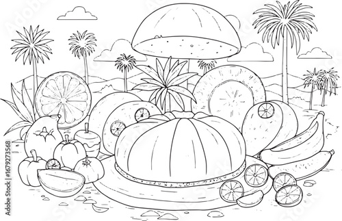 Exotic Fruit Landscape, a Detailed Outline of Tropical Flavors a