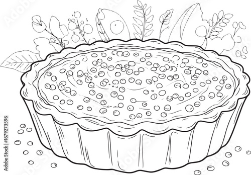 Whimsical outline art of a delicious quinoa flour tart with bota