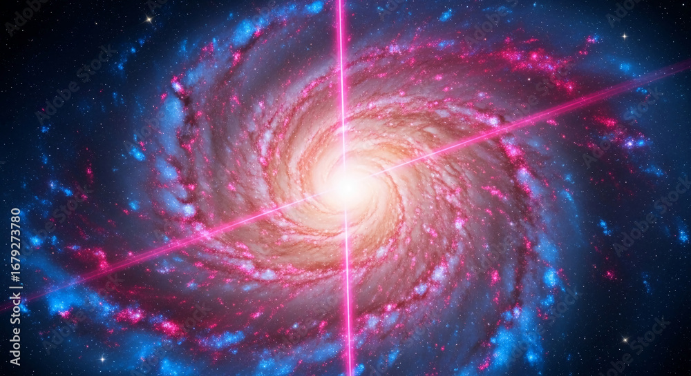 Fototapeta premium Spiral galaxy image with pink and blue hues, bright core, and intersecting laser beams, representing cosmic energy, vastness, and power