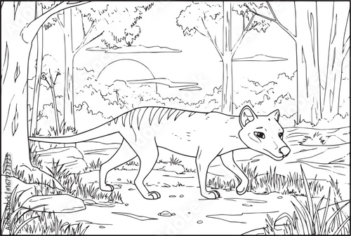 Extinct Tasmanian tiger thylacine illustration, wildlife colorin