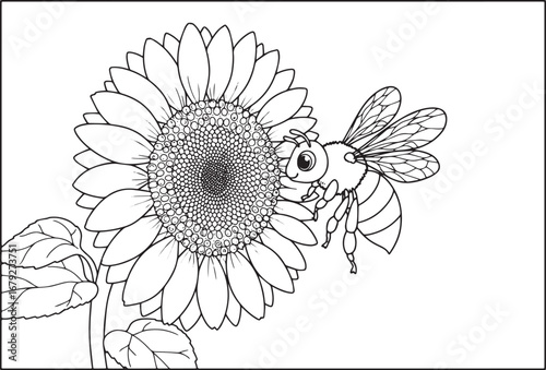 Charming outline illustration of a honey bee collecting pollen f