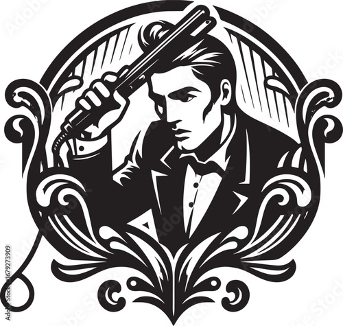 Elegant man with a vintage hair iron in a decorative frame, black and white illustration