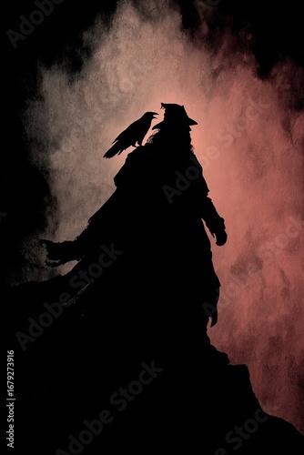 Odin one eyed god with raven on shoulder dramatic silhouette
