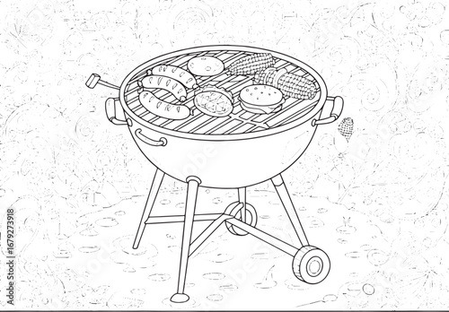 Detailed line art illustration of barbecue grill feast amidst fl