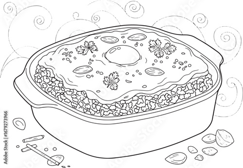 Detailed line drawing of south african bobotie in a baking dish