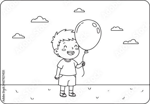 Happy little boy holding a balloon in a simple outdoor landscape