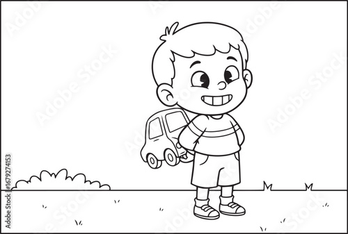 A cheerful little boy hiding a toy car behind his back, ready fo