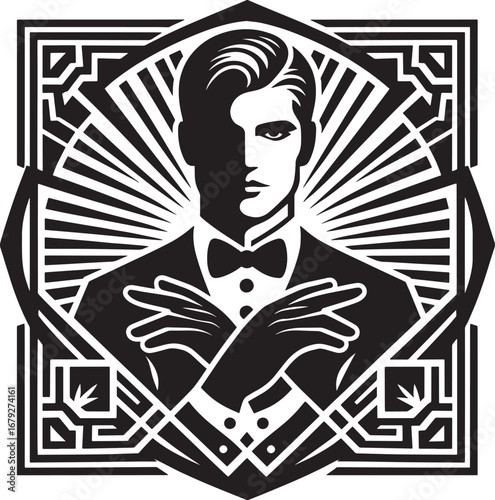 Art Deco Illustration of a Stylish Man in a Suit with a Bow Tie and Geometric Frame