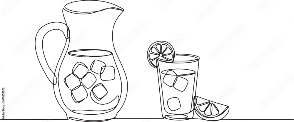Continuous Line Illustration of Agua Fresca Pitcher and Glass wi