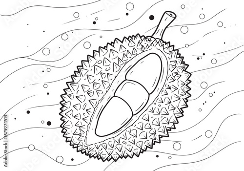 Detailed line art illustration of a halved durian fruit with dec