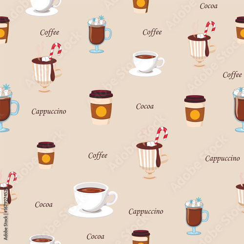 seamless pattern with cups and glasses with coffee cappuccino cocoa and inscriptions