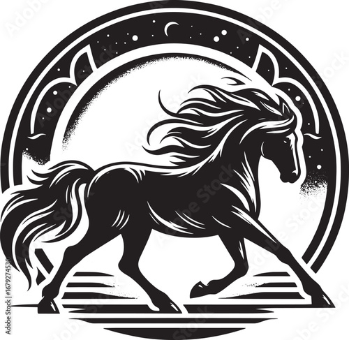 Elegant Black Horse Silhouette Running Inside a Circular Decorative Frame, Artistic Design