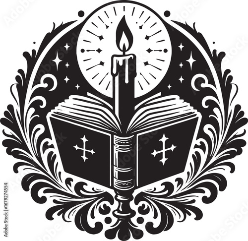 Intricate Black and White Illustration of a Candle, Book, and Floral Ornament Design