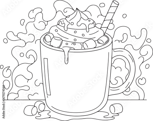 Whimsical hot chocolate mug with marshmallows and creamy swirl t