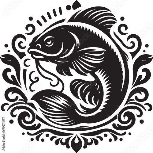 Elegant Black and White Fish Illustration within Ornate Decorative Circular Frame Design