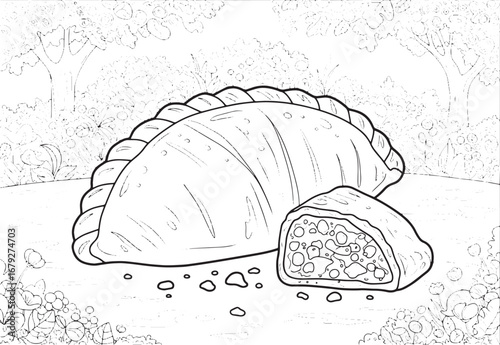 Empanada Galega illustration in nature for coloring book pages o