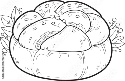 Elegant Brioche Bun Artistic Line Drawing with Botanical Decorat