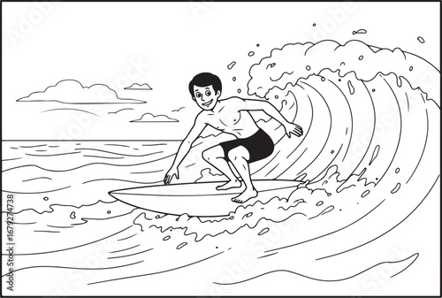 Line art of a surfer riding a big wave towards shore with sky an