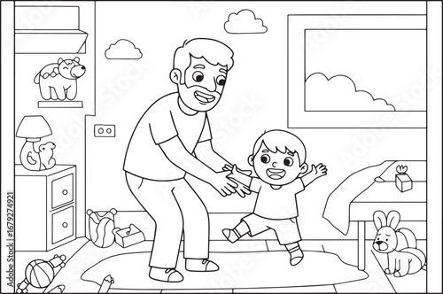 Illustration of a father helping his son learn to walk in a joyf