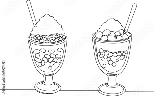 Minimalist line art of Halo-Halo dessert glasses, traditional fi