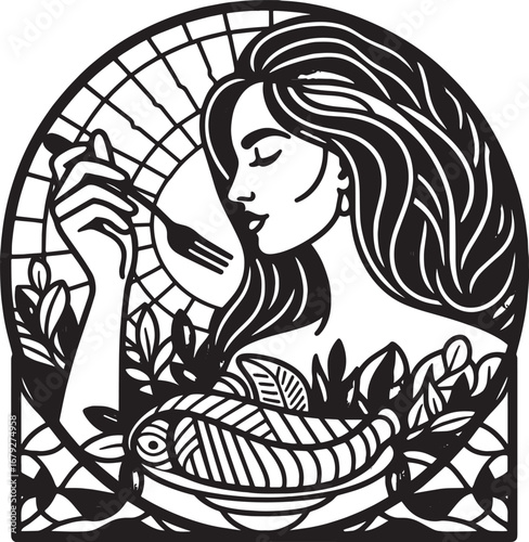 Elegant black and white illustration of a woman enjoying a meal of fish and vegetables