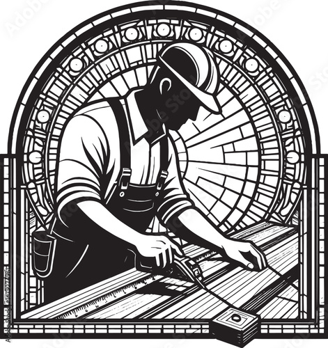 Artistic depiction of a carpenter working on a wooden structure in a stained glass frame