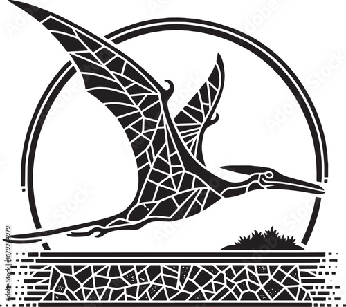 Elegant Black and White Pterodactyl Silhouette Artwork Inside a Circle for Design Purposes