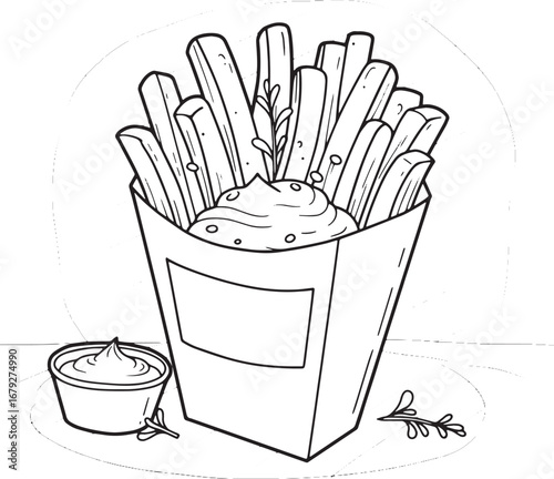 Artistic rendition of appetizing belgian fries served with cream