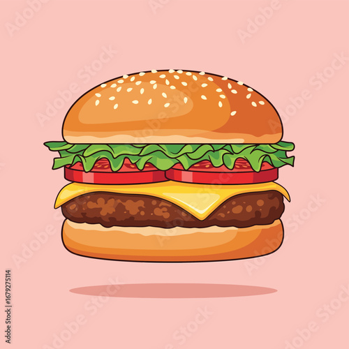 Juicy gourmet burger with fresh lettuce, ripe tomatoes, and melted cheese on a sesame seed bun.