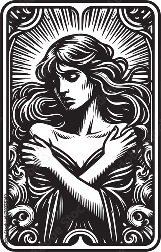 Intricate Black and White Illustration of a Woman Embracing Herself with Elegant Framing