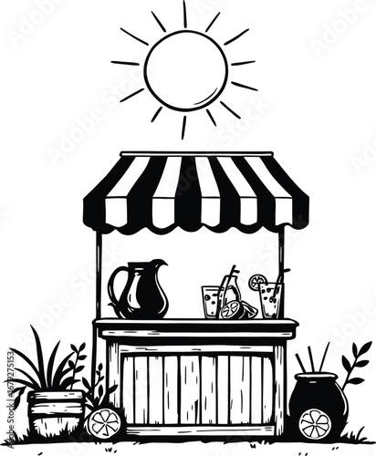 Black and white illustration of a lemonade stand under a sun with plants and lemonade drinks on the counter