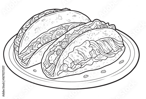 Hand-Drawn Carnitas Tacos Line Art Illustration for Coloring Ent