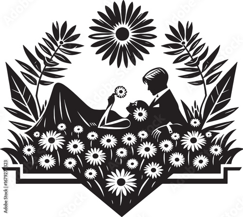 Romantic Silhouette Artwork Depicting a Couple in a Field of Daisies and Nature's Embrace