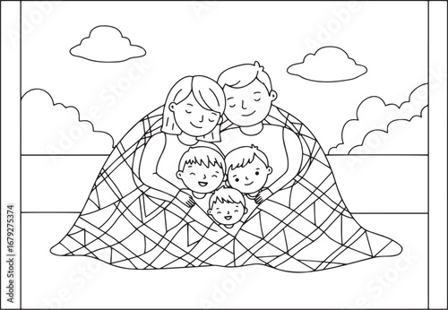 Cozy family moment illustration: parent and kids snuggled under