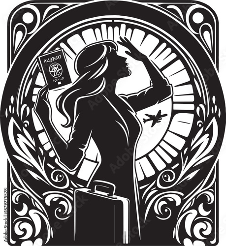 Silhouette of a woman with a passport and luggage, dreaming of travel and adventure