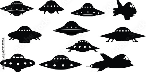 Black UFO and spaceship silhouettes, alien flying saucers, extraterrestrial spacecraft icons, sci-fi vector collection, isolated white background set