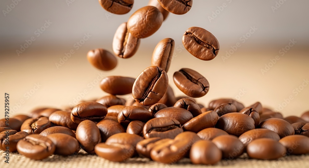 Fototapeta premium Coffee beans falling and piling up in a closeup shot