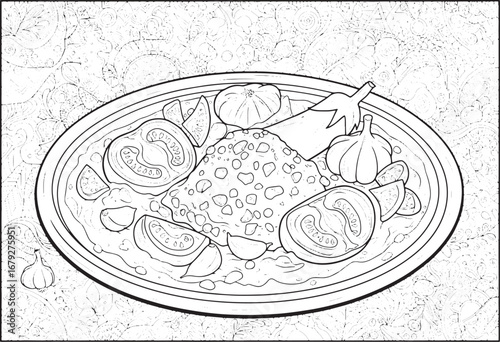 Exotic dish illustration with intricate pattern background for c