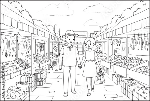 Charming couple strolling through a lively outdoor market illust