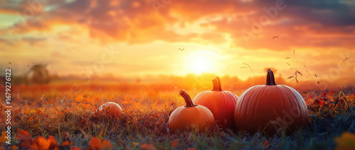Fototapeta Naklejka Na Ścianę i Meble -  Golden sunset over a field of pumpkins a warm autumn harvest scene