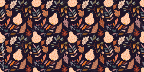 Autumn seamless pattern with pumpkins and colorful leaves, decorative wallpaper