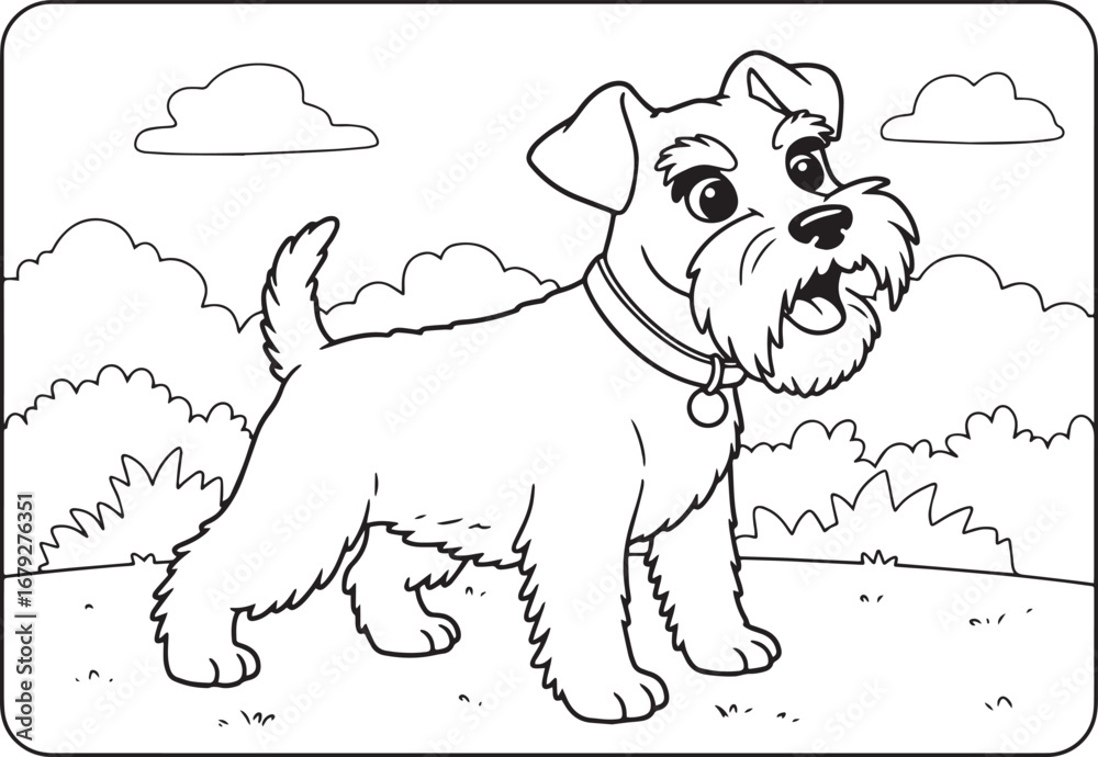 Fototapeta premium Charming miniature schnauzer outlined illustration against cloud