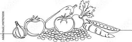 Elegant single line drawing of assorted vegetables and lentils s