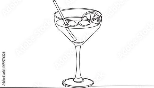 Minimalist one line drawing of cocktail with lemon garnish and d