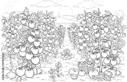 Detailed illustration of a thriving tomato plantation at sunrise