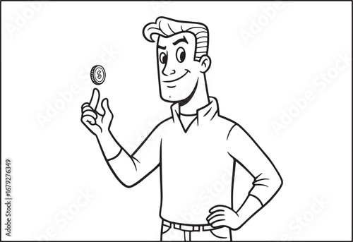 Cartoon man flipping a coin, making financial decisions, black a