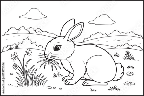 Delightful coloring page of a cute hare nibbling on fresh grass