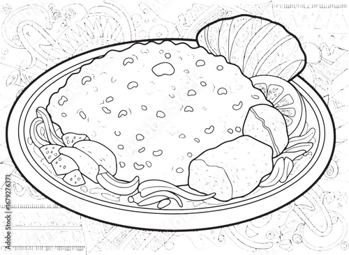 Monochrome plate of Sadza with relish and accompaniments drawing