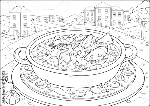 Detailed illustration of a seafood stew with a scenic building b